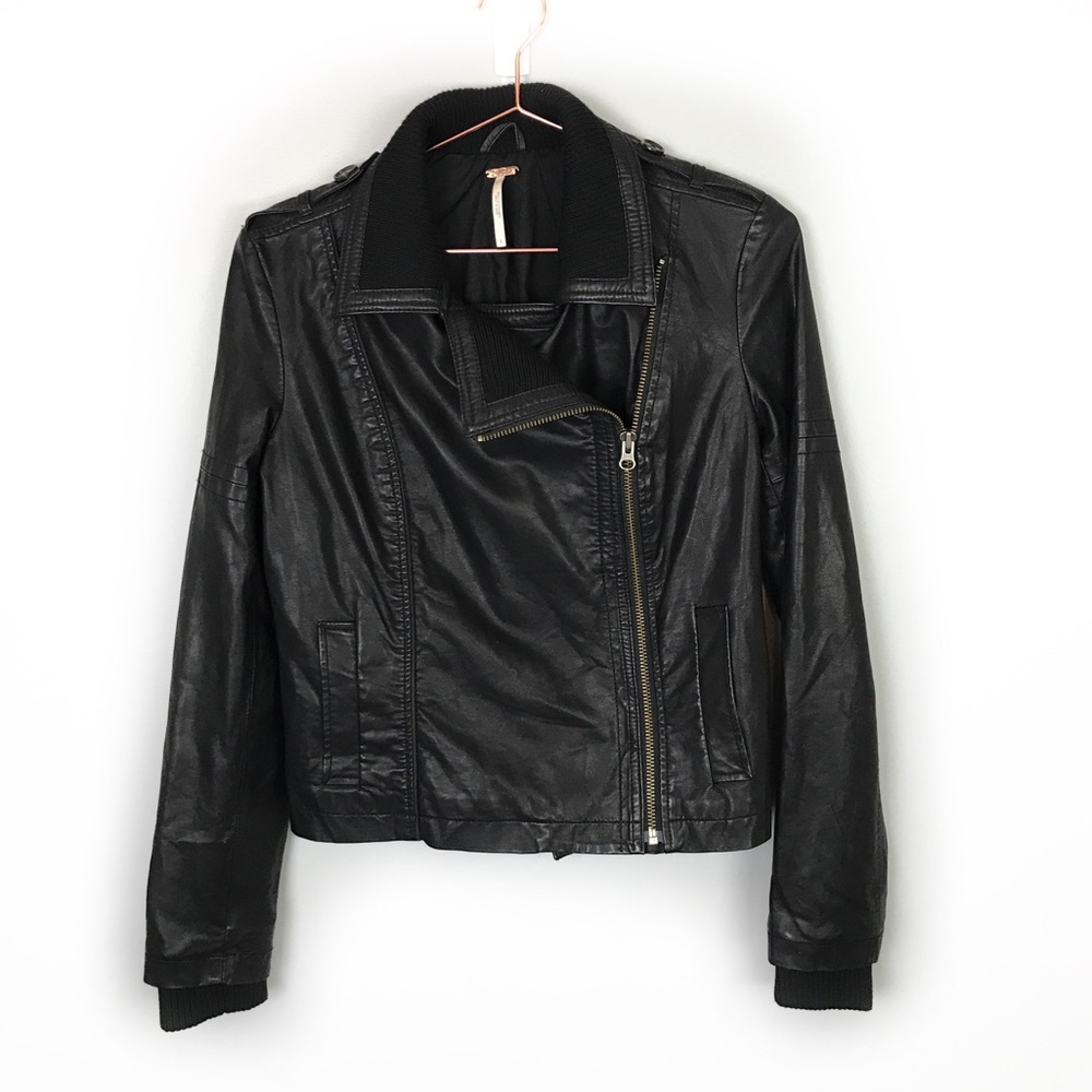 Free People Faux Leather Moto Jacket Black 2